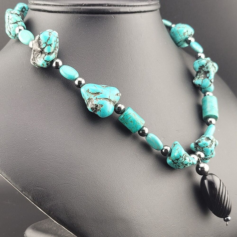 Chunky Turquoise Blue Dyed Howlite Nugget Bead Hematite Southwest Necklace 18"